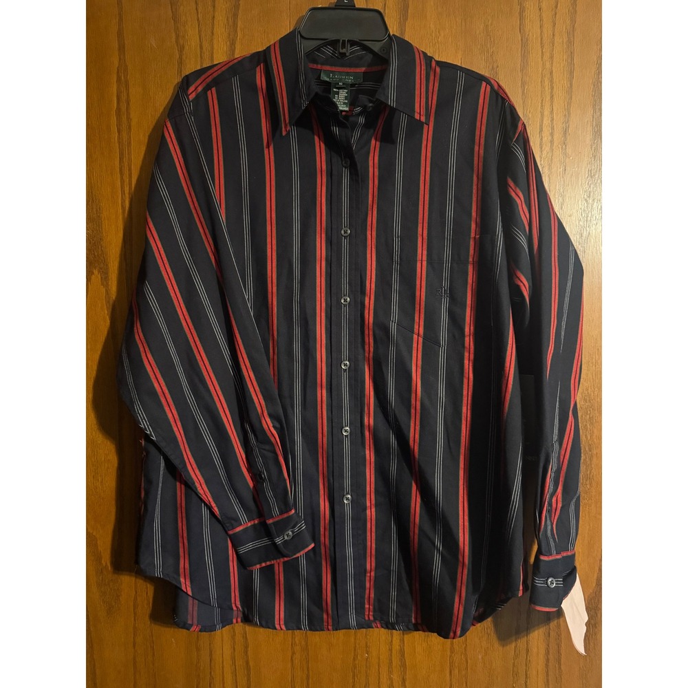 Lauren Ralph Lauren Womens 16 Striped Button Down Shirt Navy Red Cotton NWT 1999
